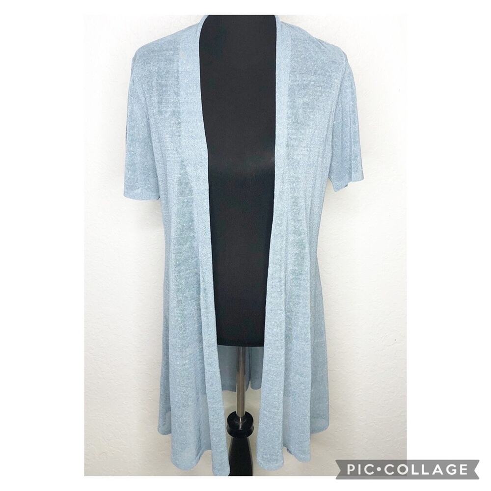 Eileen Fisher light blue metallic linen blend open front long cardigan Medium